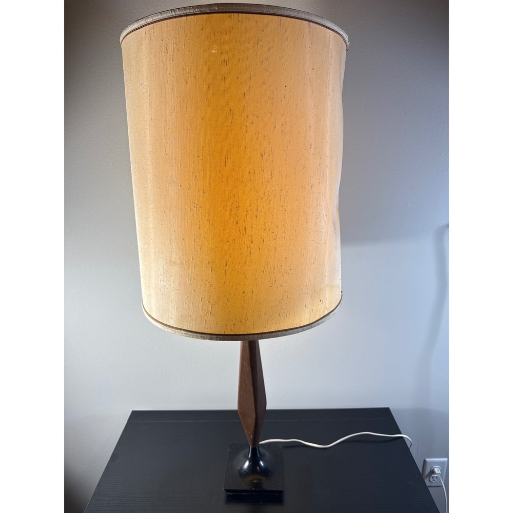 Vintage Mid Century Modern Table Lamp Walnut Wood Base Large Drum Shade 37in MCM